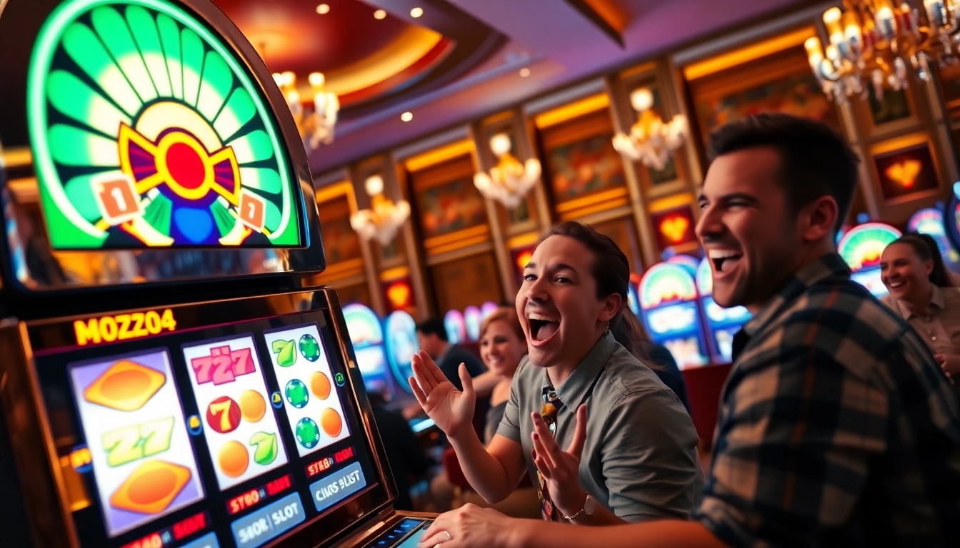 Tunai138 menang besar di mesin slot berwarna-warni, dengan suasana kasino yang meriah.