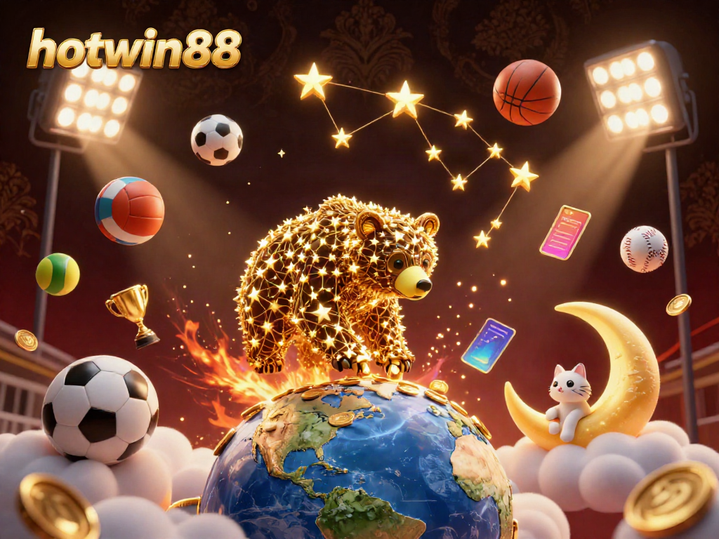 Experience big wins with hotwin88 in a vibrant 3D illustration featuring a constellation bear, sports elements, and more.
