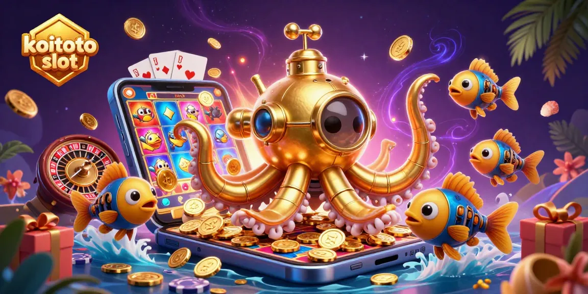 Gambarkan slot koitoto dengan kraken emas dikelilingi koin dan smartphone game.