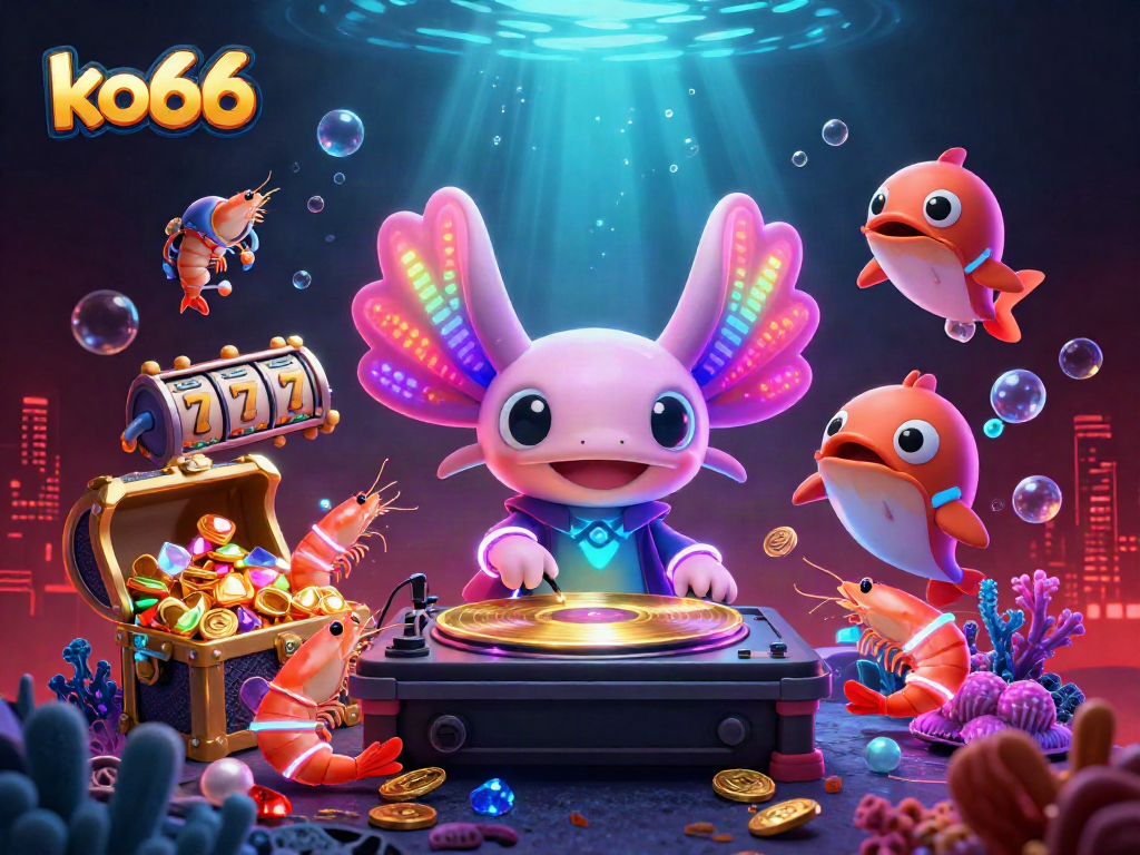 Engage in thrilling slot action at ko66, featuring vibrant 3D characters and a neon underwater casino.