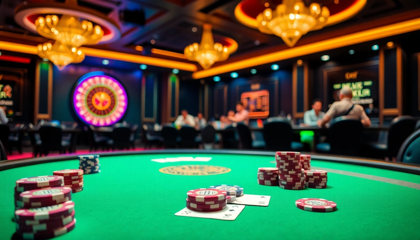 DewaPoker players strategizing at a vibrant casino table with poker chips and cards.