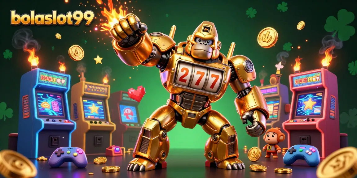 Bolaslot99 features a golden gorilla mech winning big with vibrant gaming elements and exploding coins.