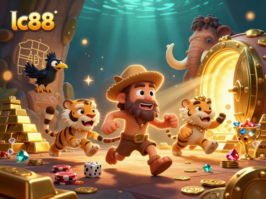 Experience the thrill of lc88 with a vivid caveman casino scene featuring engaging characters and rich treasures.