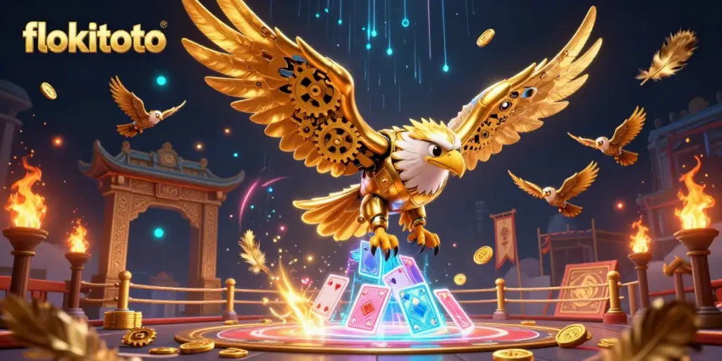 Experience thrilling gameplay at flokitoto with a golden eagle soaring over vibrant casino elements.