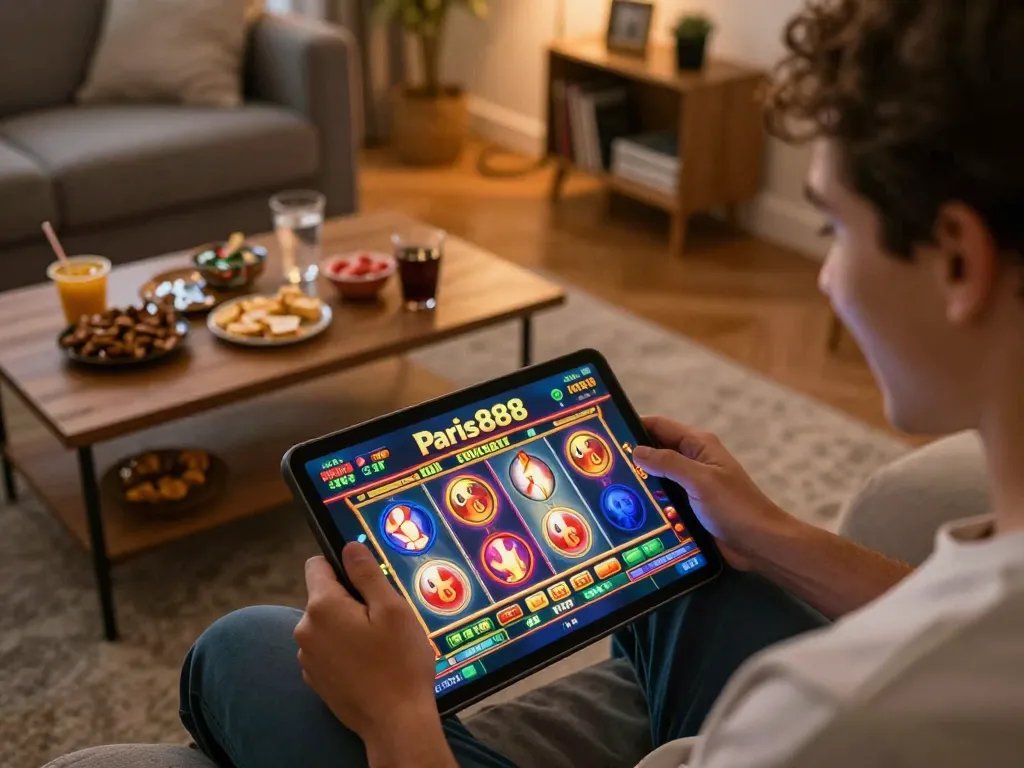 Experience thrilling gameplay at paris888 with vibrant slot game action on tablet in cozy setting