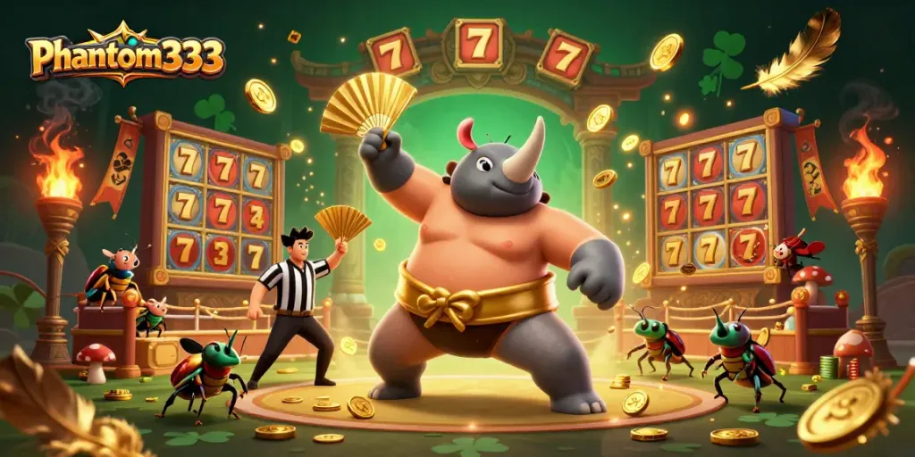 Experience thrilling gameplay with phantom333, where a sumo beetle champion sparks golden coins amidst slot mechanics.