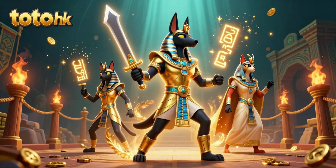 Menang taruhan toto hk dengan Anubis dan Bastet dalam arena berwarna emas dan perak.