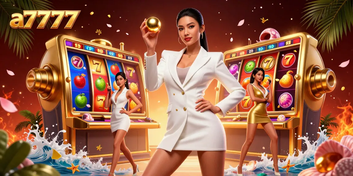 Experience the thrill of a7777 as a stunning woman holds a roulette ball surrounded by vibrant slot elements.