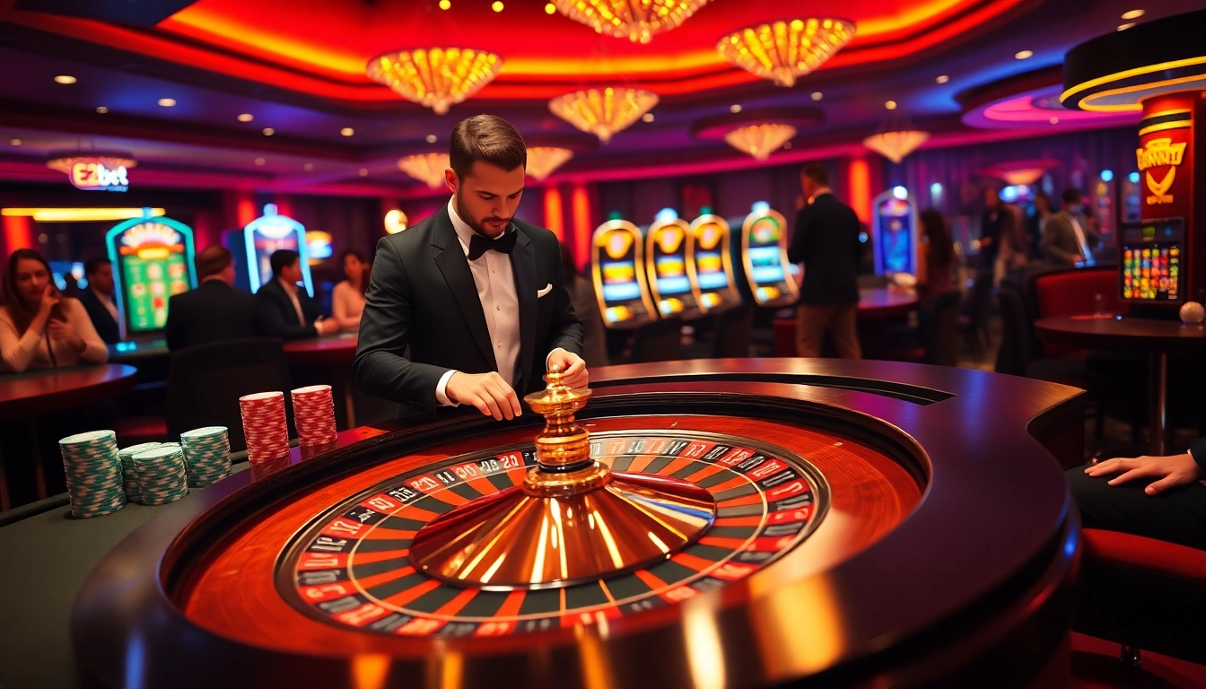 E2bet players enjoying an exciting game at a roulette table with colorful poker chips.