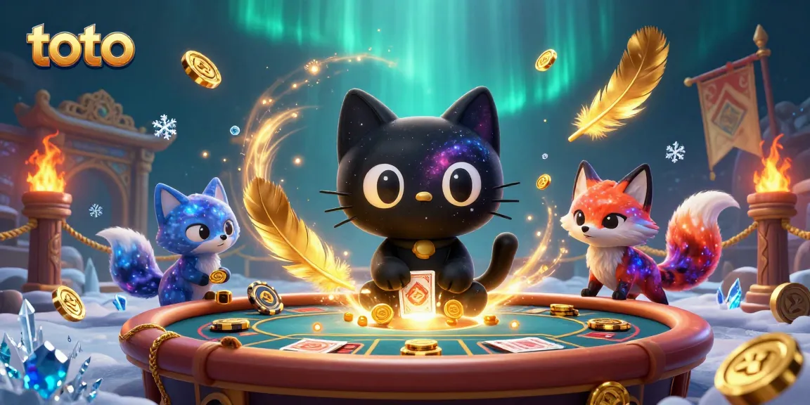 Toto casino adventure features a black hole cat and nebula fox amidst swirling gambling elements.