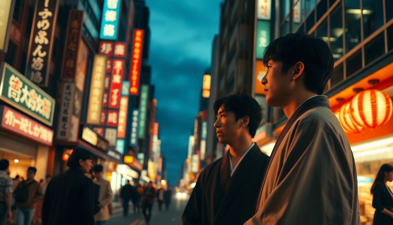 Menggambarkan film jepang dengan aktor dalam kostum tradisional di Tokyo yang ramai.