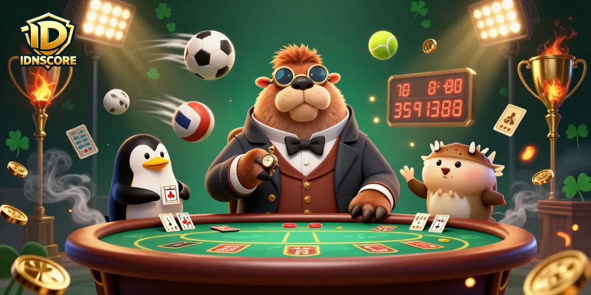 IDNSCORE players engage in a thrilling underwater poker game featuring fun characters and a dynamic scene.