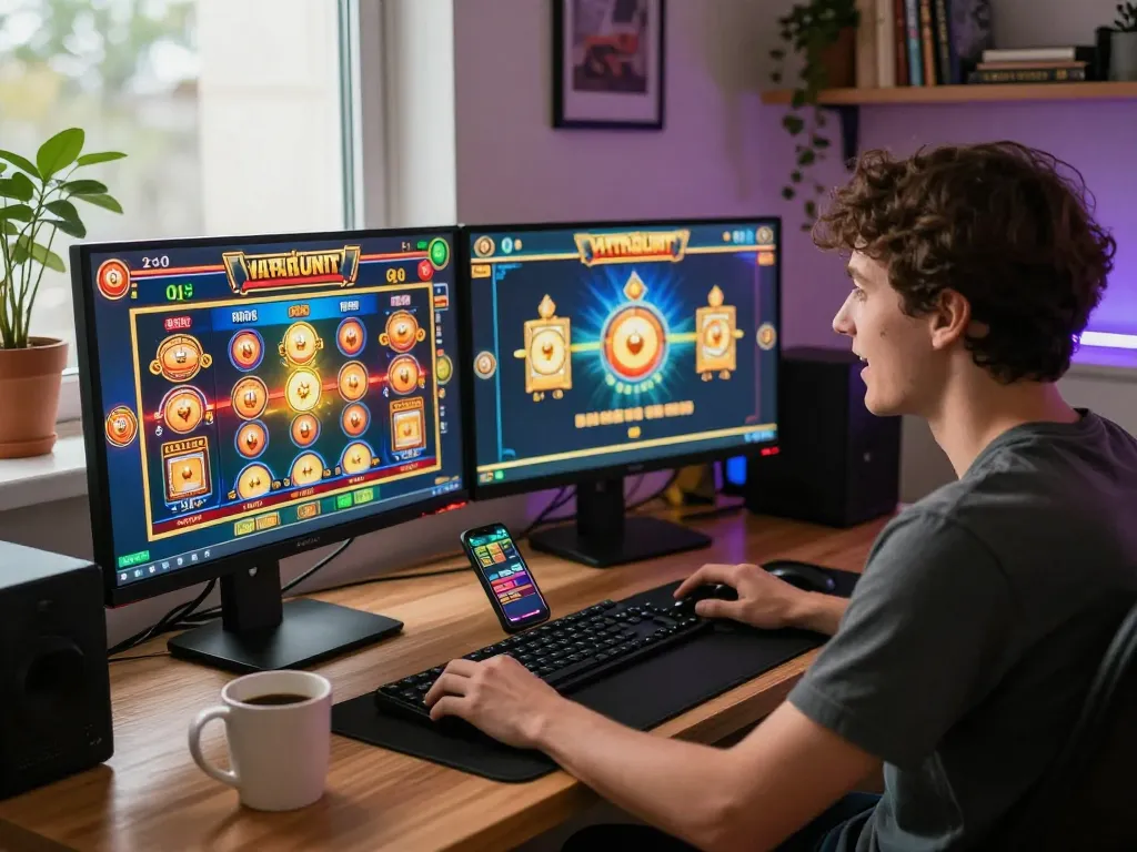 UGDEWA player intensely spins the reels on virtual slots in a cozy home setup