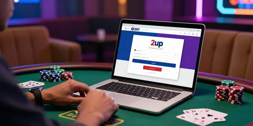 A dynamic 2up login scene with a user accessing their account in a vibrant casino setting with poker chips and neon lights.