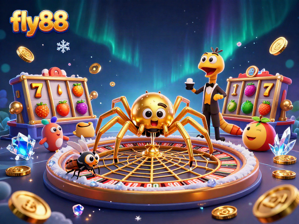 Experience fly88’s dynamic casino thrill with a golden web roulette scene featuring a spider and a croupier.