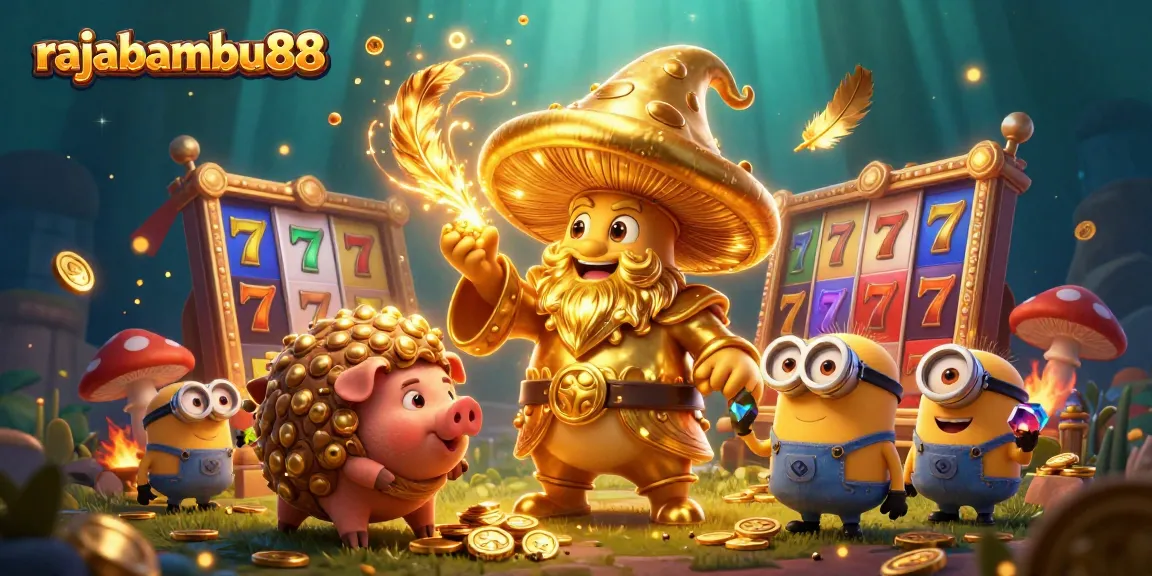 Rajabambu88 menghadirkan ilustrasi penuh detail dengan karakter yang memenangkan taruhan slot dan harta karun.