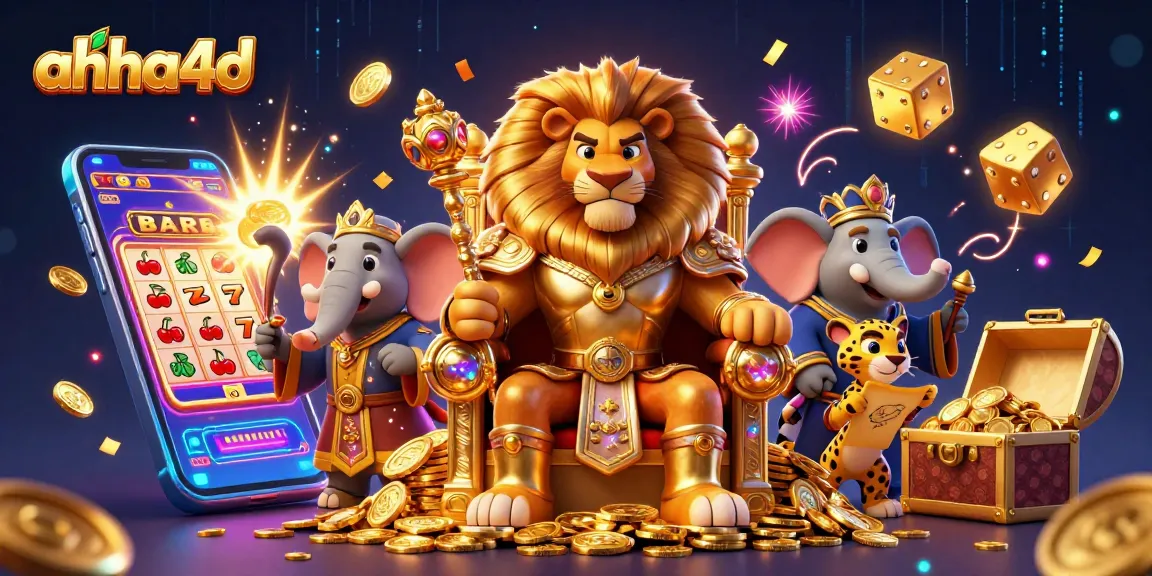 Engage with ahha4d's thrilling jackpot scene featuring a lion king, advisor elephant, and messenger cheetah.