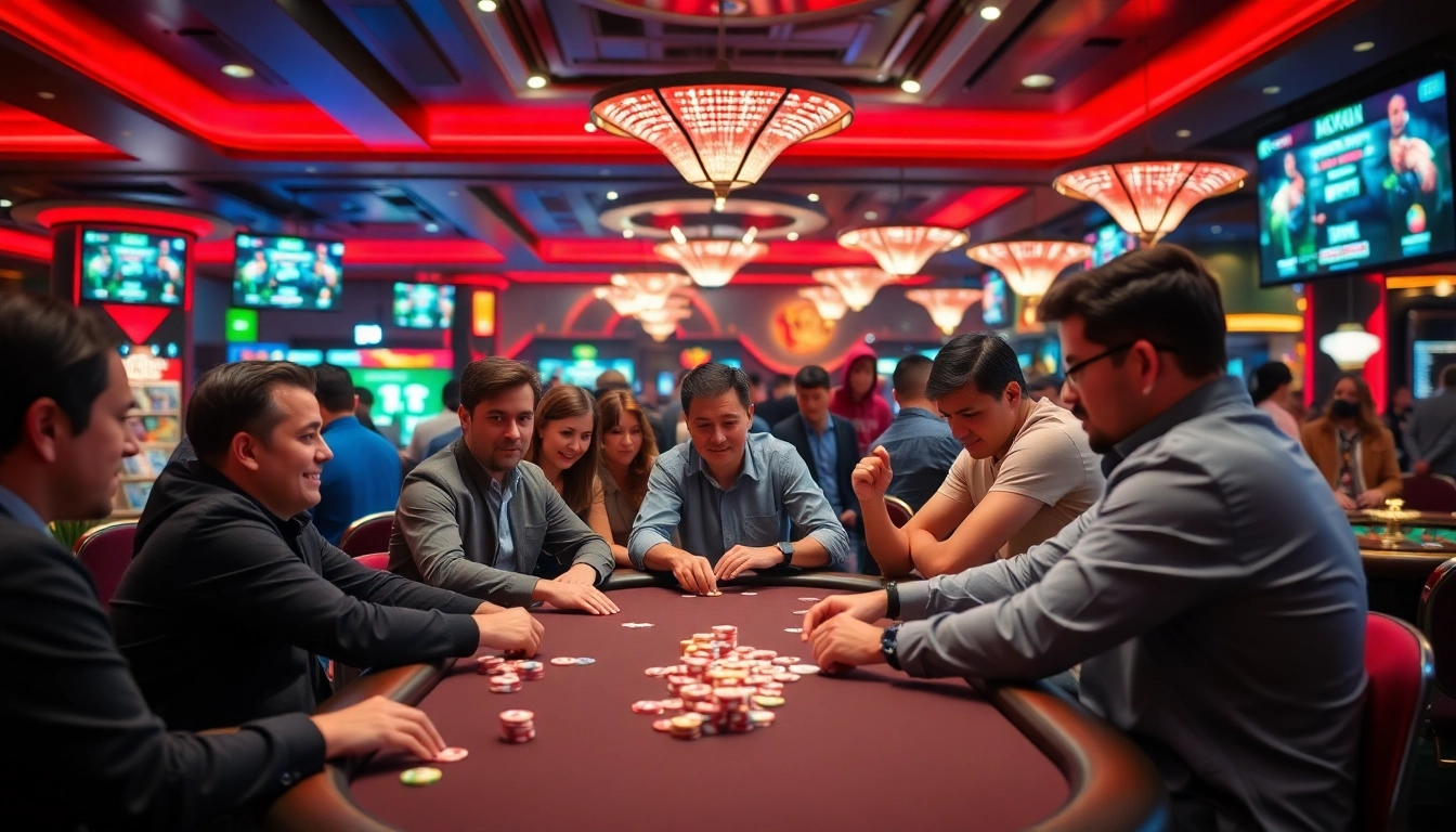 Experience thrill with idn poker terbaru on a vibrant casino floor during an intense poker game.