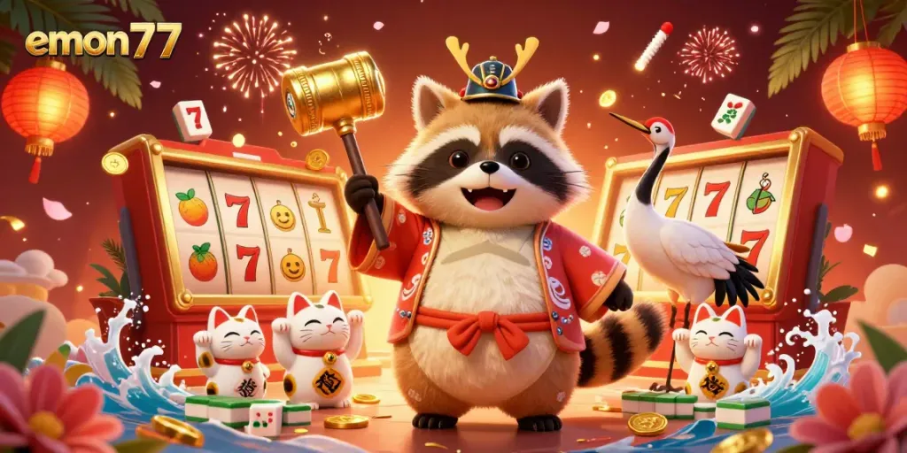 Experience vibrant action with emon77's themed illustration featuring lucky symbols and festive characters.