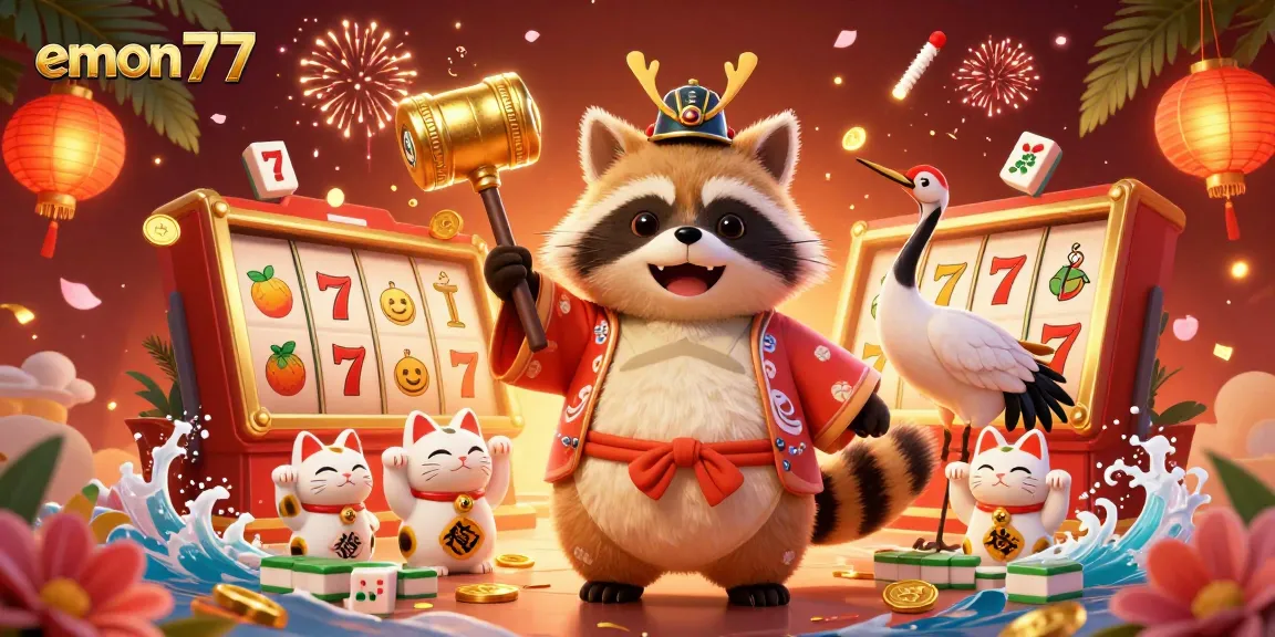 Experience vibrant action with emon77's themed illustration featuring lucky symbols and festive characters.