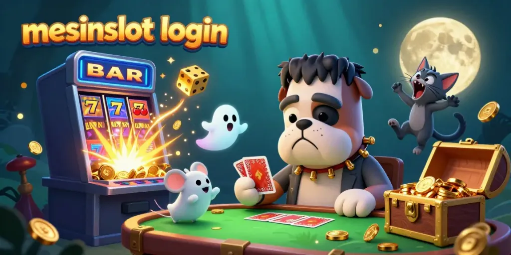 Engage in the excitement of mesinslot login with a vibrant casino scene featuring a cartoon bulldog dealer and dynamic slot elements.