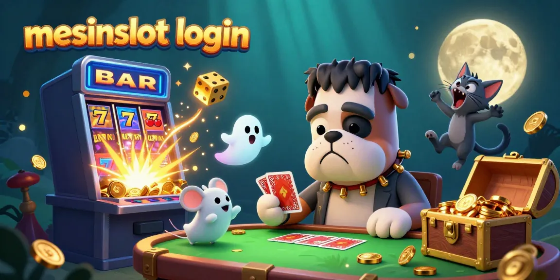 Engage in the excitement of mesinslot login with a vibrant casino scene featuring a cartoon bulldog dealer and dynamic slot elements.