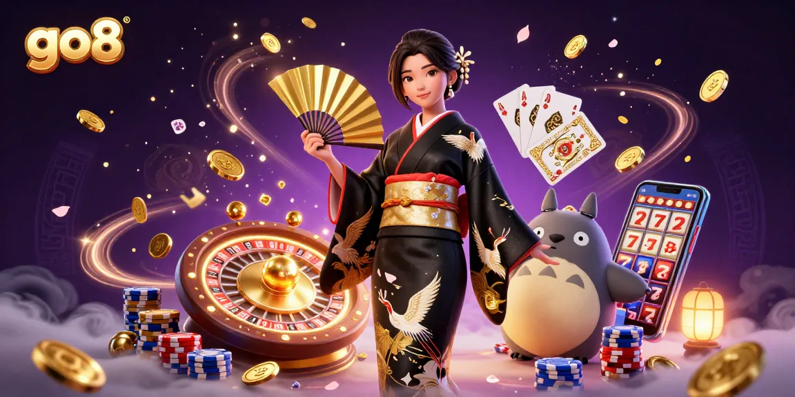 Witness go8's vibrant gaming scene where an elegantly dressed woman and her tanuki companion celebrate with cascading coins and dynamic game elements.