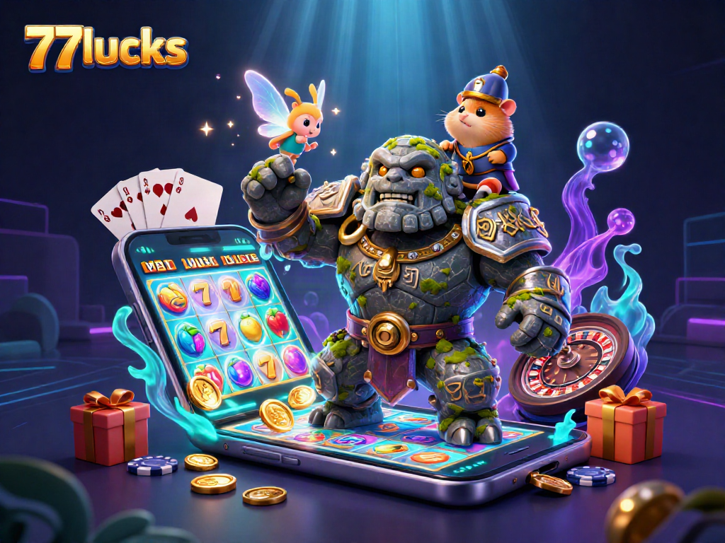 77lucks menghadirkan keseruan judi dengan ilustrasi golem ajaib dan elemen slot yang berkilau.