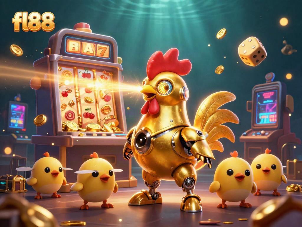 Experience thrilling action with the fl88 golden rooster robot in a vibrant casino scene.