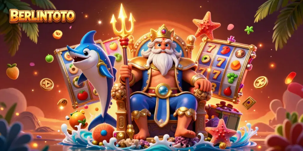 Engage with the vibrant gambling world of BERLINTOTO featuring Neptune's throne amidst lively slot symbols.