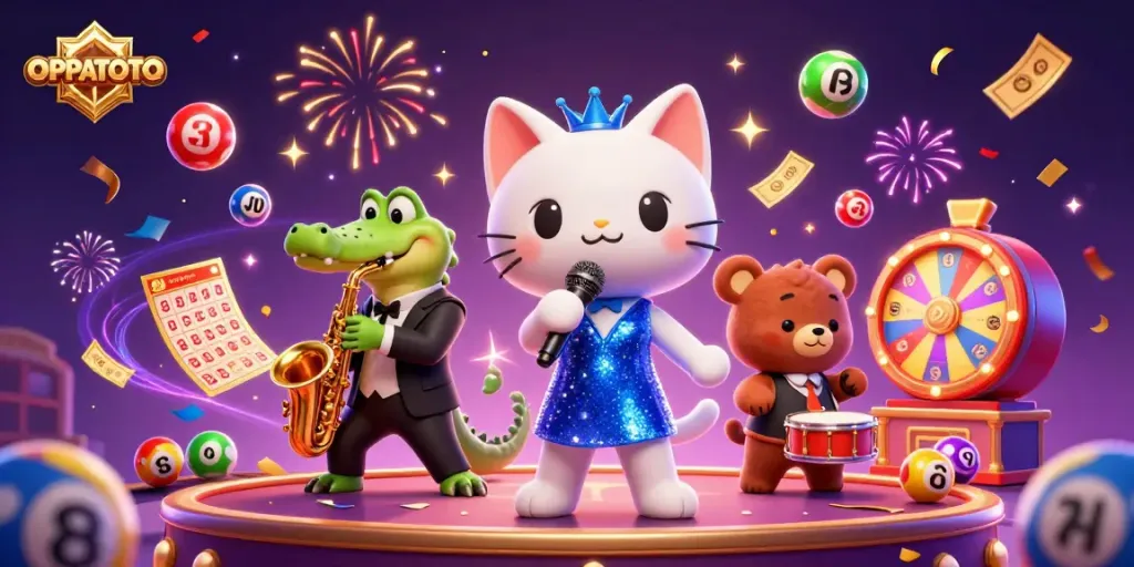 Engage with OPPATOTO's vibrant casino scene featuring a jazz-singer cat, saxophonist crocodile, and drum-playing bear.