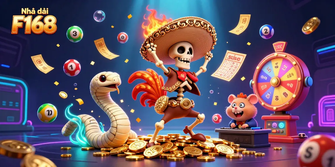 Join the excitement at Nhà cái F168 with a vibrant casino scene featuring characters in a dynamic celebration.