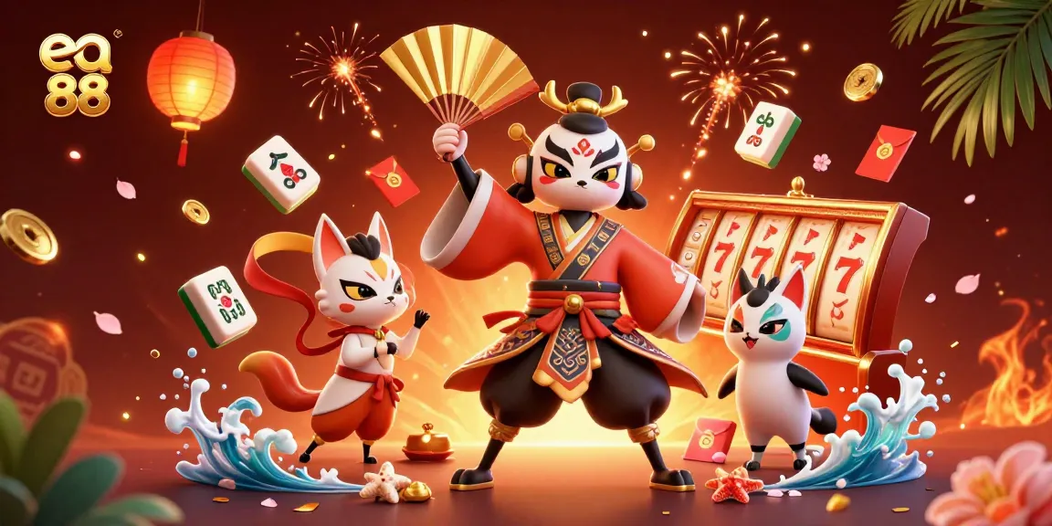 Experience the thrill of ea 88 as a kabuki warrior and kitsune bring luck through a vibrant casino scene.