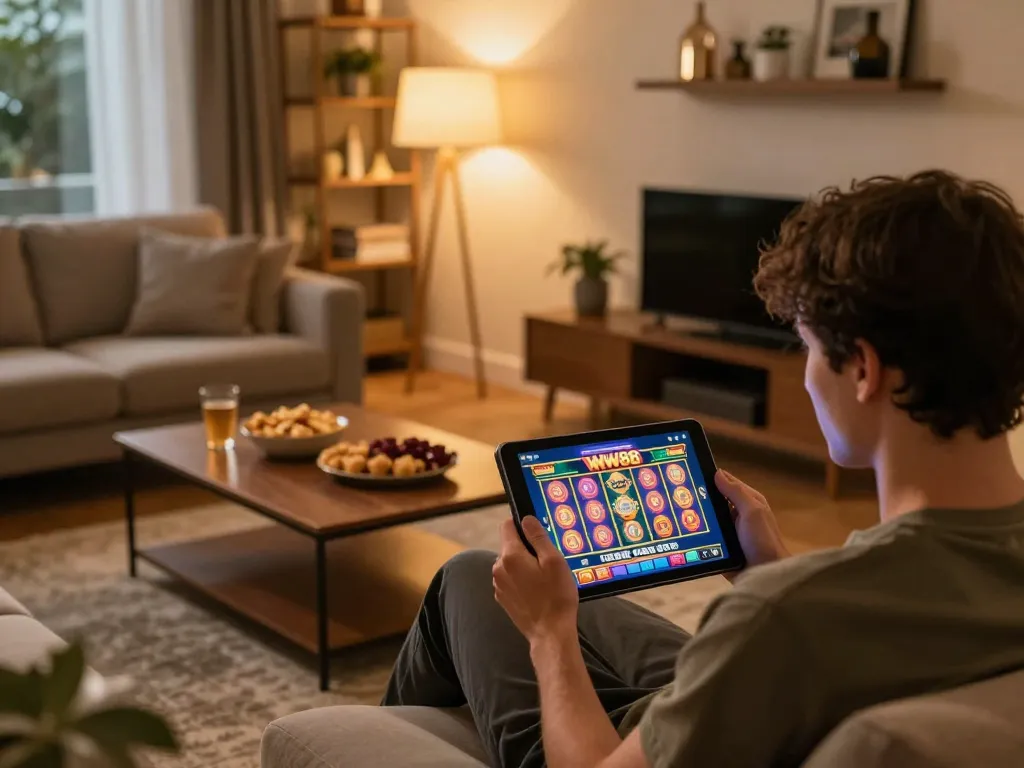 Experience the thrill of winning with WW88 in a cozy online gaming setup featuring a vibrant slot game.