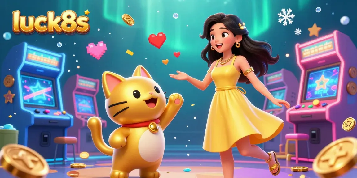 Experience the excitement of luck8s with a vibrant casino-themed illustration featuring a cheerful Asian woman and a lucky cat.