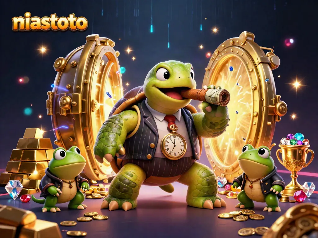 Ilustrasi kasino 3D niastoto dengan kura-kura pemodal dan penegak bulfrog di latar belakang pesta gemerlap