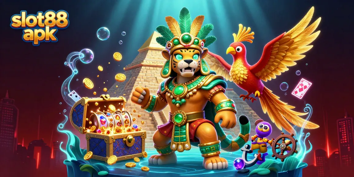 Play vibrant slot88 apk with Mayan-themed characters and gold treasure in a dynamic casino environment.