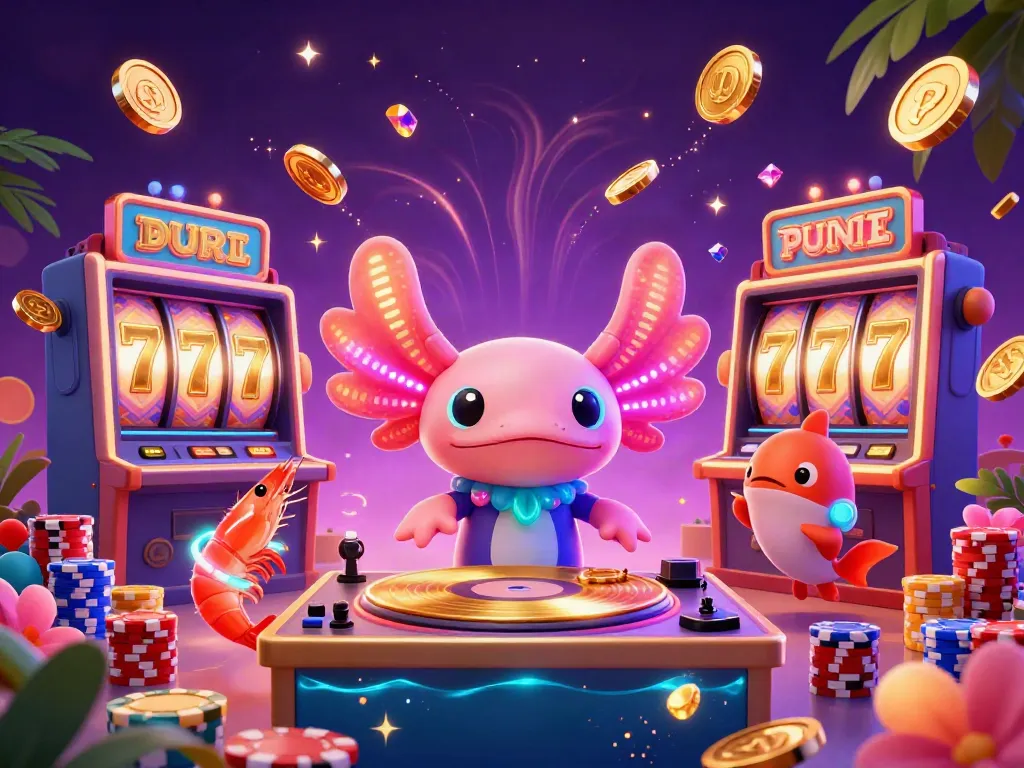 Megaskan slot mahjong dalam ilustrasi penuh warna yang menampilkan DJ axolotl 3D dan kemeriahan koin emas.