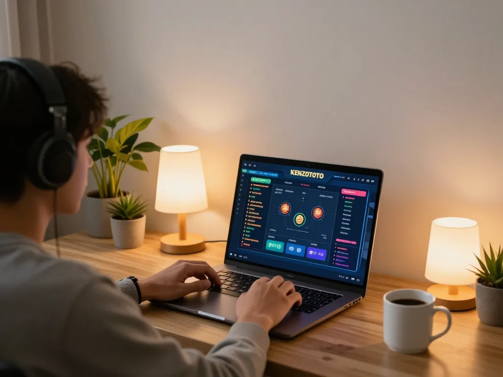 Seorang penjudi menikmati pengalaman permainan KENZOTOTO secara online di rumah, menunjukkan antarmuka laptop.
