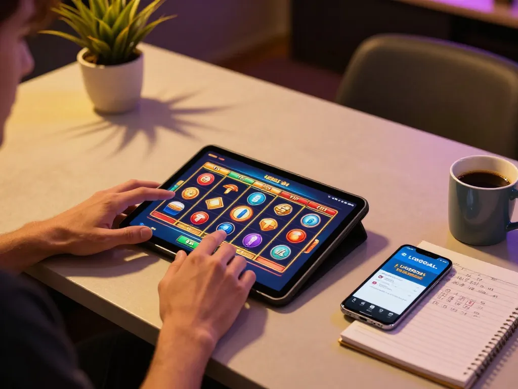 Engaging in online slots with LGOGOAL app, showcasing a modern home gaming setup.