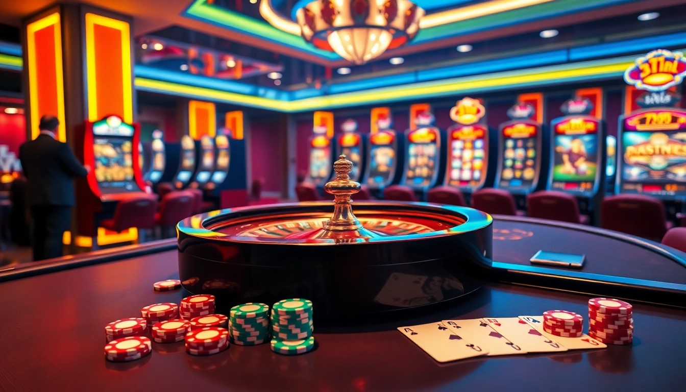 Exciting scene of nhà cái 789p with roulette wheel and casino tables.