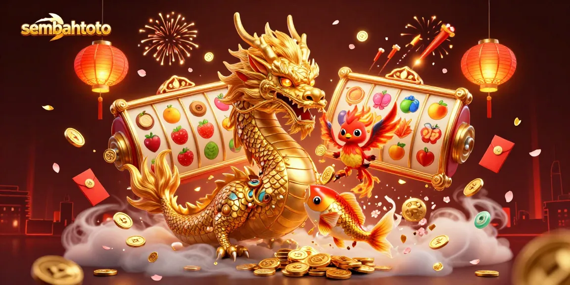 Win big with sembahtoto in an immersive 3D casino scene featuring dragons, phoenixes, and slot reels.