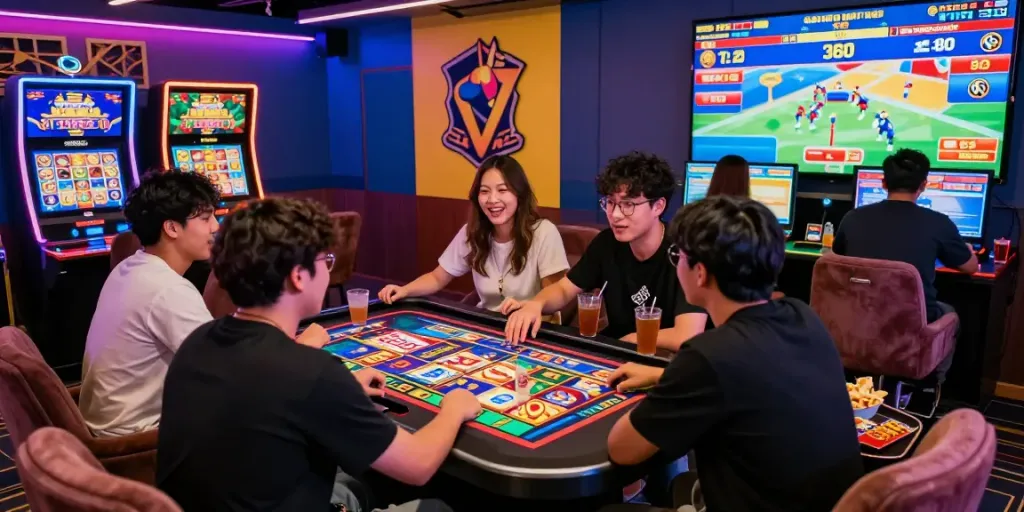 Engaged gamers enjoying Seributoto online slots in a vibrant casino setup.