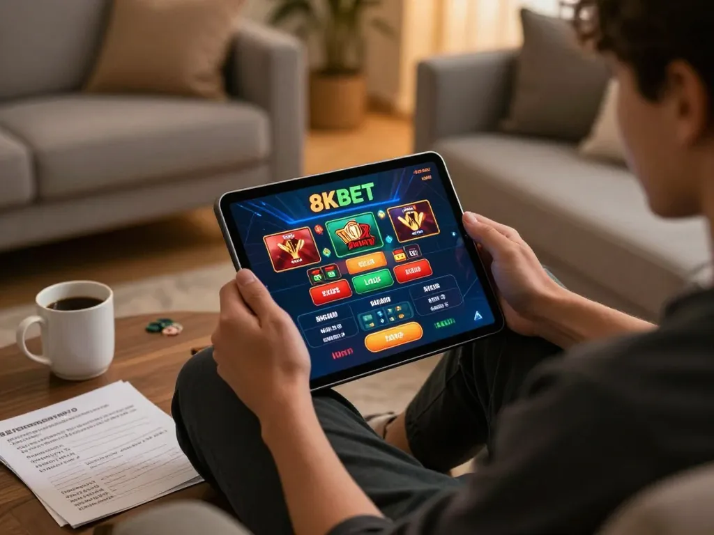 Player engaging with the 8KBET casino app on a tablet in a cozy home setting, exemplifying responsible online gambling.