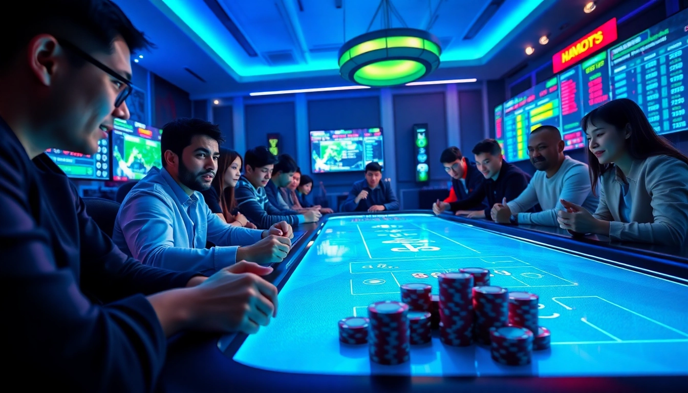 An immersive scene of 'nhacaiuytin' online betting, showcasing gamers engaged at a vibrant, illuminated gaming table.