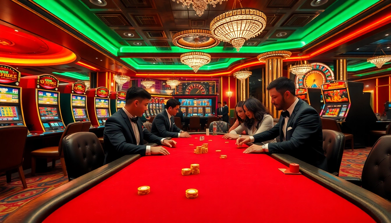 Players enjoying an exciting poker game at keonhacai5 in a luxurious casino setting.