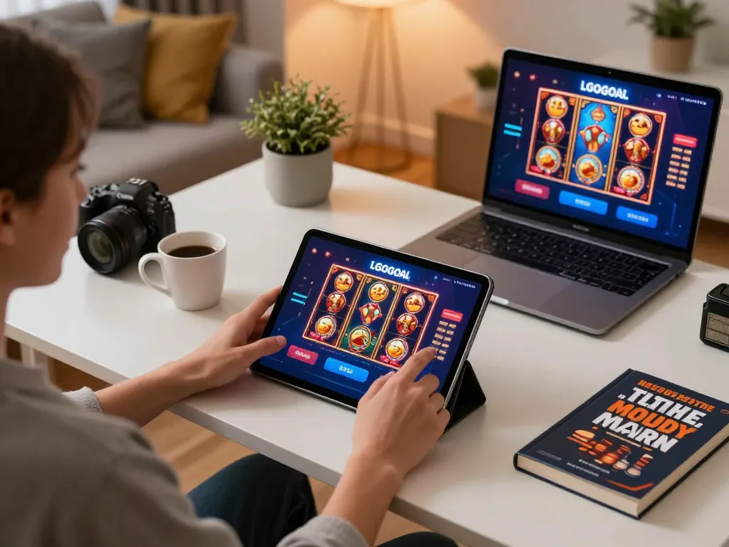 Engaging with LGOGOAL comprehensive online gaming platform on tablet in cozy home setting.