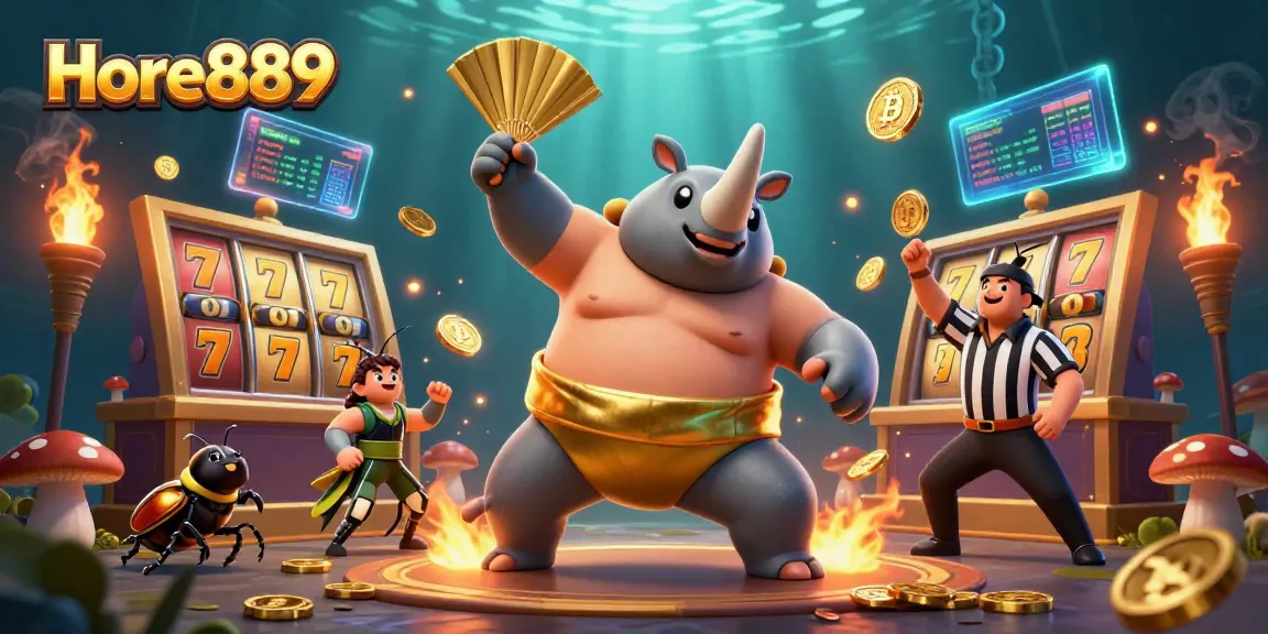 Experience thrilling gameplay at Hore889 with a dynamic scene featuring a rhinoceros beetle sumo champion amidst flying coins and slot reels.