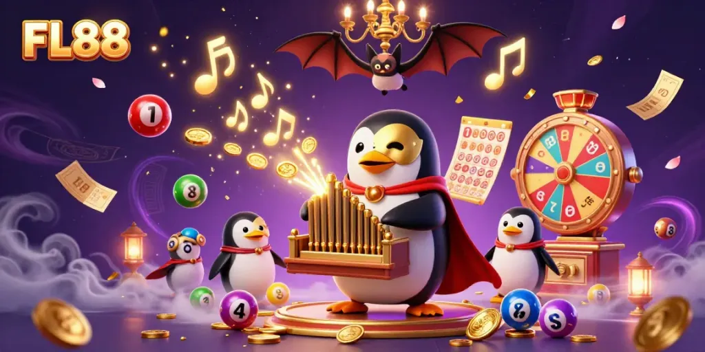 FL88 entertainment scene with a penguin playing an organ, dynamic gambling elements, and magical effects.