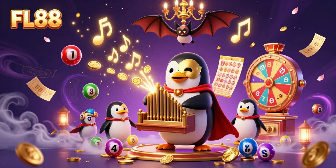 FL88 entertainment scene with a penguin playing an organ, dynamic gambling elements, and magical effects.
